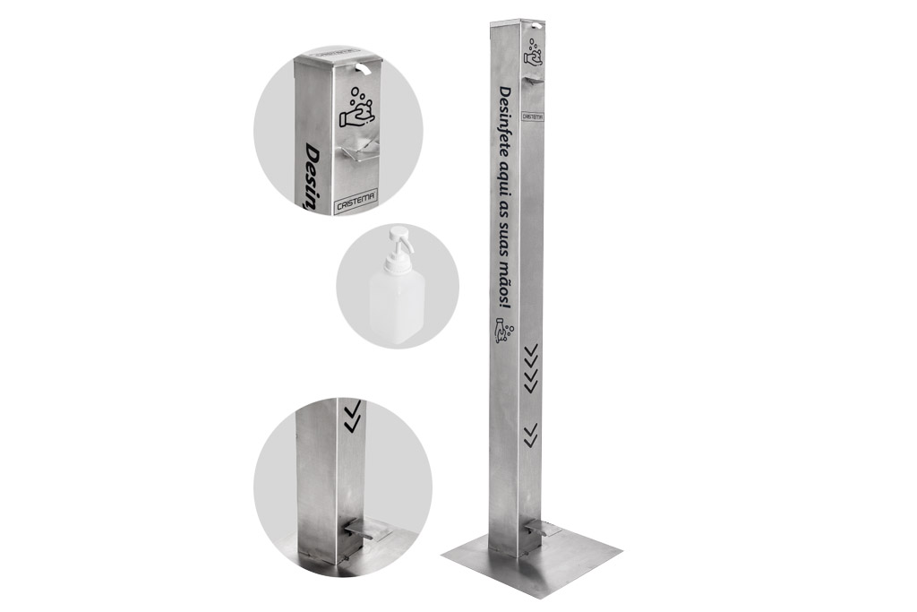 DISPENSADOR GEL INOX C/PEDAL+GARRAFA DOSEADORA+APARA GOTAS  